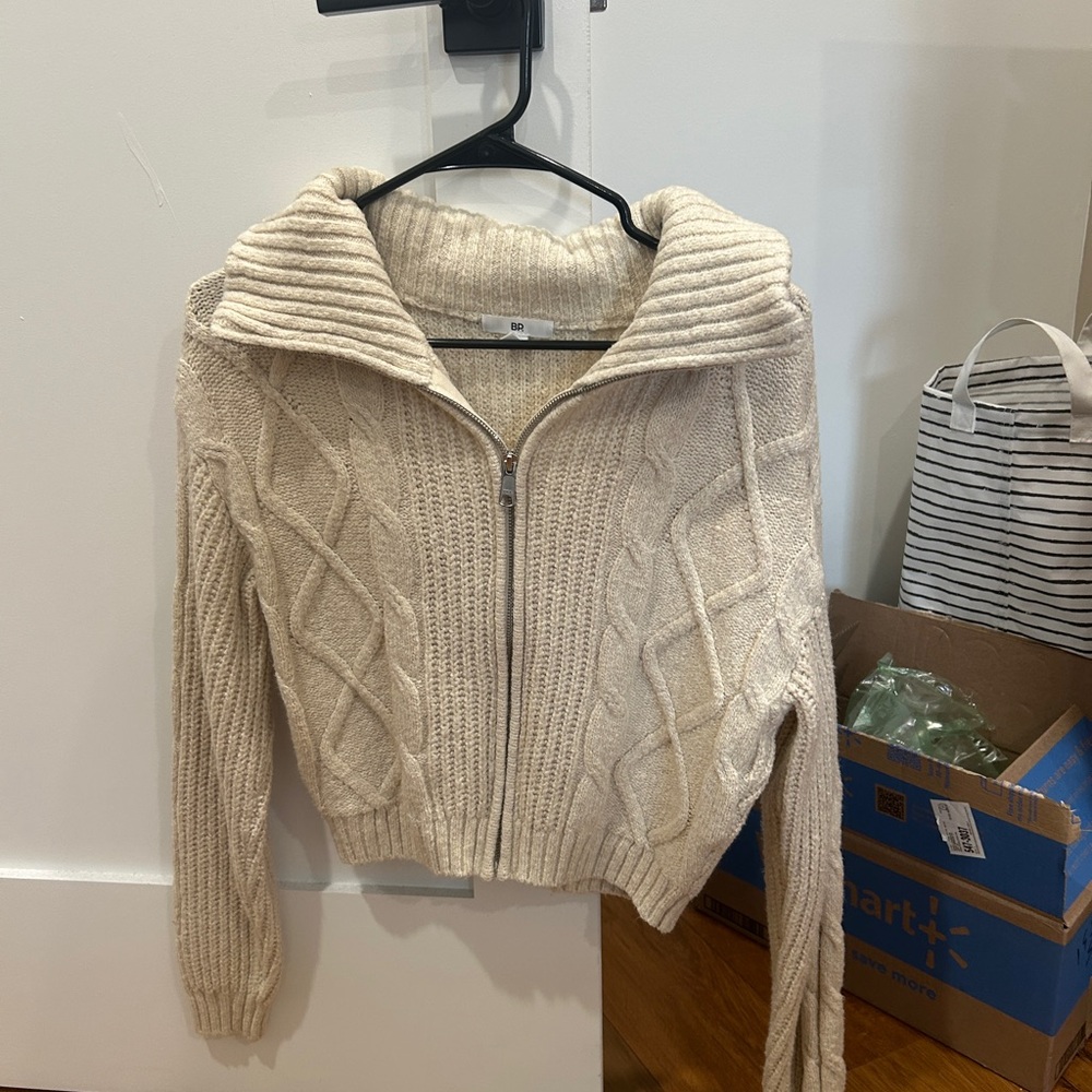 BP Cream Cable Knit Zip-Up Sweater